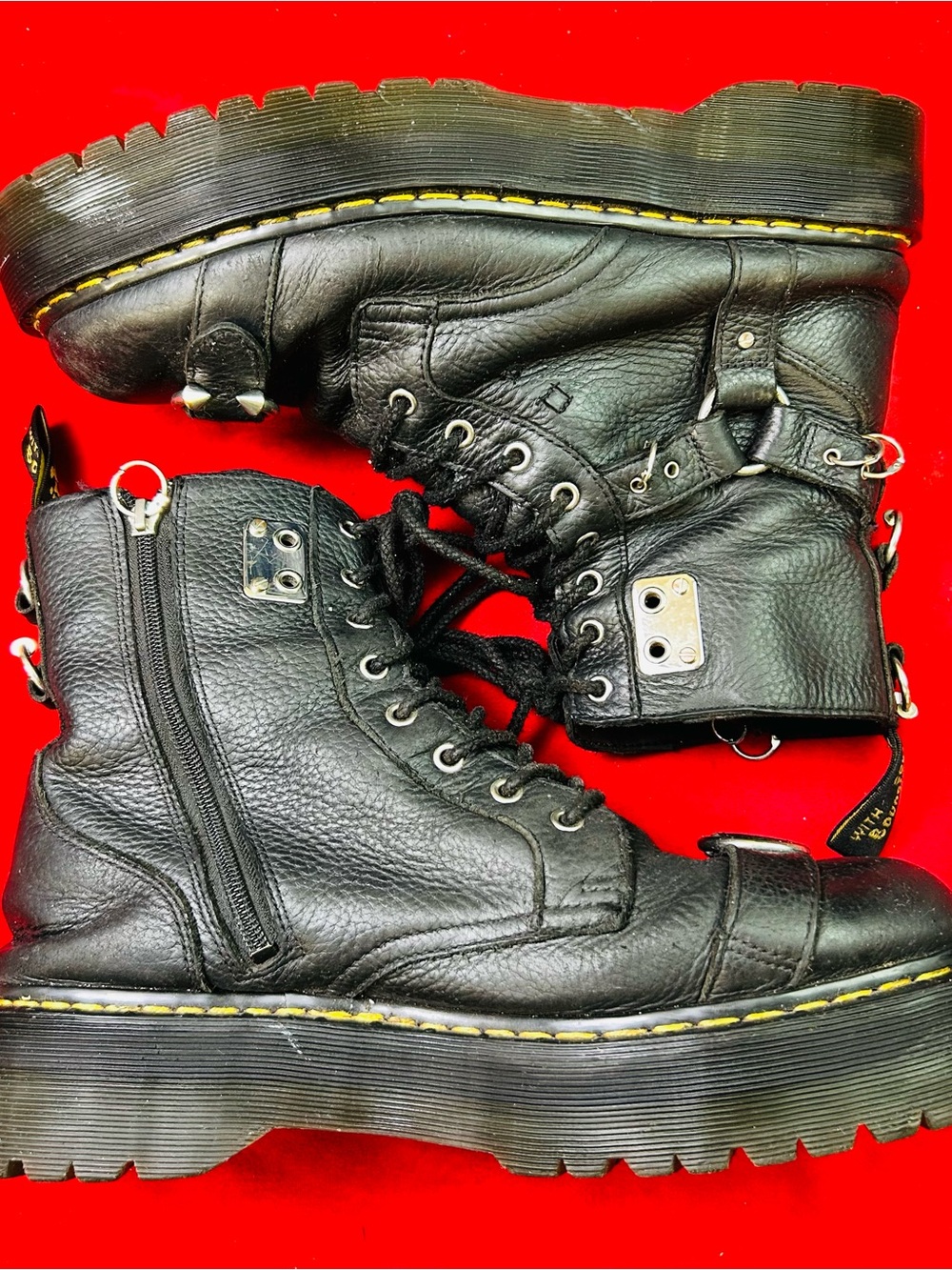 Dr. Martens Black Leather Lace-Up Combat Boots with Yellow Stitching